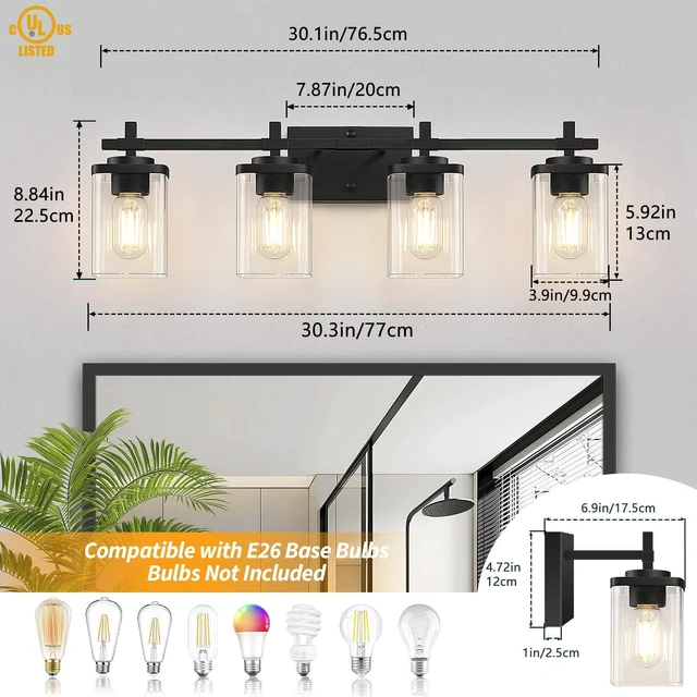 Alt view image 2 of 7 - 4-Lights Matte Black Bathroom Light Fixture, Modern Black Vanity Lights Over Mirror with Clear Glass Shade, Bathroom Wall Mounted Lamp for Mirror Living Room Hallway Cabinet