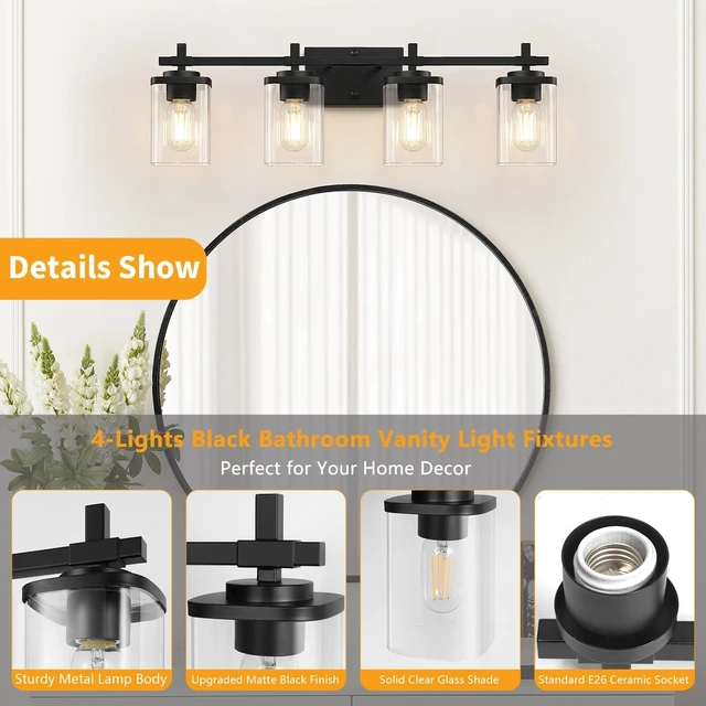 Alt view image 3 of 7 - 4-Lights Matte Black Bathroom Light Fixture, Modern Black Vanity Lights Over Mirror with Clear Glass Shade, Bathroom Wall Mounted Lamp for Mirror Living Room Hallway Cabinet