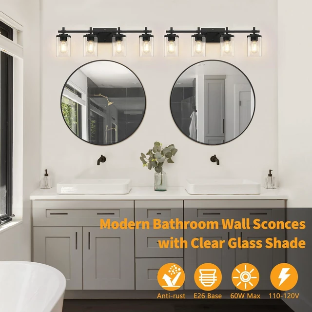 Alt view image 4 of 7 - 4-Lights Matte Black Bathroom Light Fixture, Modern Black Vanity Lights Over Mirror with Clear Glass Shade, Bathroom Wall Mounted Lamp for Mirror Living Room Hallway Cabinet