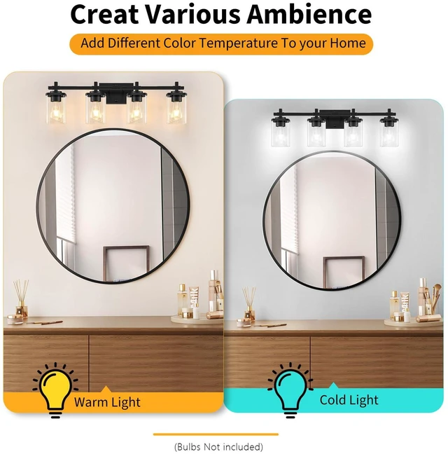 Alt view image 5 of 7 - 4-Lights Matte Black Bathroom Light Fixture, Modern Black Vanity Lights Over Mirror with Clear Glass Shade, Bathroom Wall Mounted Lamp for Mirror Living Room Hallway Cabinet