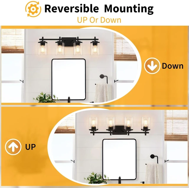 Alt view image 6 of 7 - 4-Lights Matte Black Bathroom Light Fixture, Modern Black Vanity Lights Over Mirror with Clear Glass Shade, Bathroom Wall Mounted Lamp for Mirror Living Room Hallway Cabinet