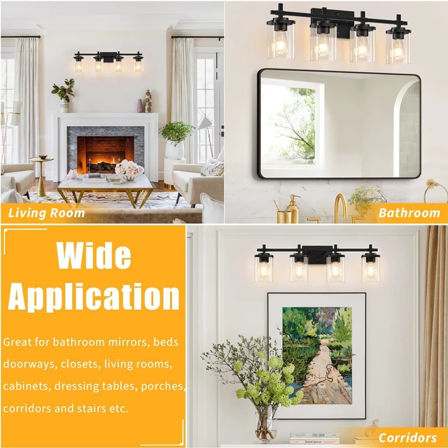 Alt view image 7 of 7 - 4-Lights Matte Black Bathroom Light Fixture, Modern Black Vanity Lights Over Mirror with Clear Glass Shade, Bathroom Wall Mounted Lamp for Mirror Living Room Hallway Cabinet