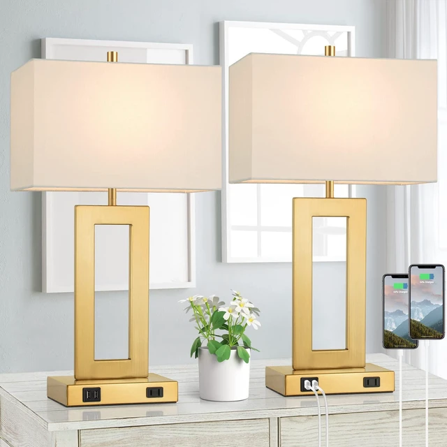Main image of 22" Gold Modern Table Lamp Set of 2 with 2 USB Ports&AC Outlet 3 Way Dimmable, Touch Control, White Fabric Shade, Bedside Desk Lamp for Living Room, Bedroom, 2 LED Bulbs Included
