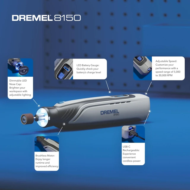Alt view image 2 of 7 - 8150 8V Cordless Rotary Tool Kit w/LED Nose Cap and 20 Accessories Brushless Motor, LED Nose Cap, Variable Speed 5,000-30,000 RPM, USB-C Rechargeable, Carrying Bag