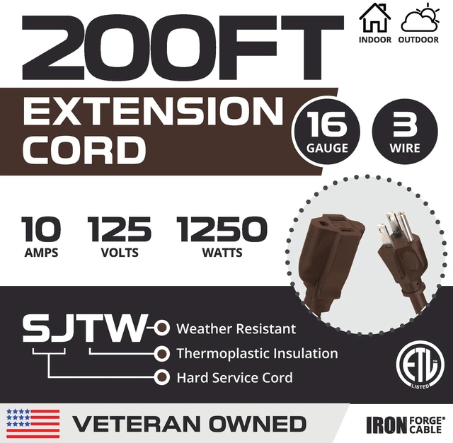 Alt view image 2 of 7 - 16 Gauge Heavy Duty Brown Extension Cord, 200 Ft - SJTW 16/3 SJTW Cable, 3 Prong Grounded Plug, 13 Amp - For Landscaping, Leaf Blowers, Lights, Appliances
