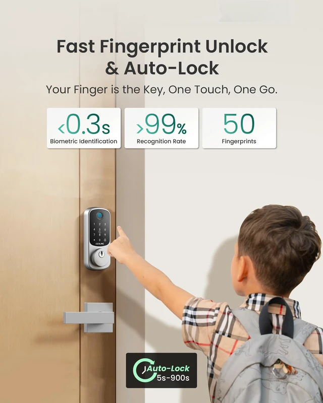 Alt view image 3 of 7 - B200 Fingerprint Smart Lock with 2 Lever Handles Set,Front Door Lock Bluetooth App Control, Fob Unlock, Touchscreen Keypad, Remote Access Sharing, Auto Lock, User Management, Low Battery Alert