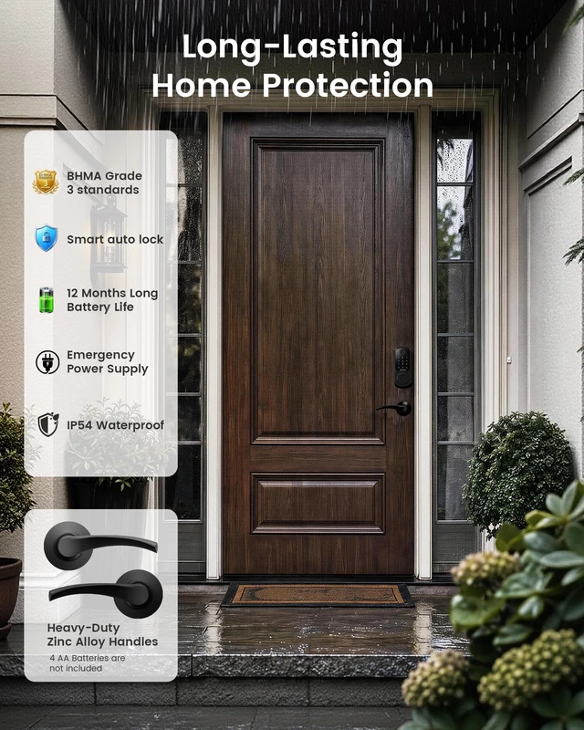 Alt view image 7 of 7 - B200 Fingerprint Smart Lock with 2 Ergonomic Curved Handles 8-in-1 Unlock, Palm-Friendly Curve for Natural Comfort, ADA-Compliant Lever, App Control, Auto Lock, Long Battery Life, Black