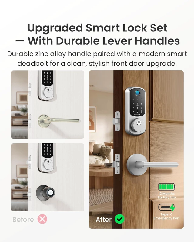Alt view image 2 of 7 - B200 Fingerprint Smart Lock with 2 Elegant Round Lever Handles 8-in-1 Unlock, Elegant Round Lever Design, Electronic Keypad Deadbolt, App Control, Auto Lock, Long Battery Life, Silver
