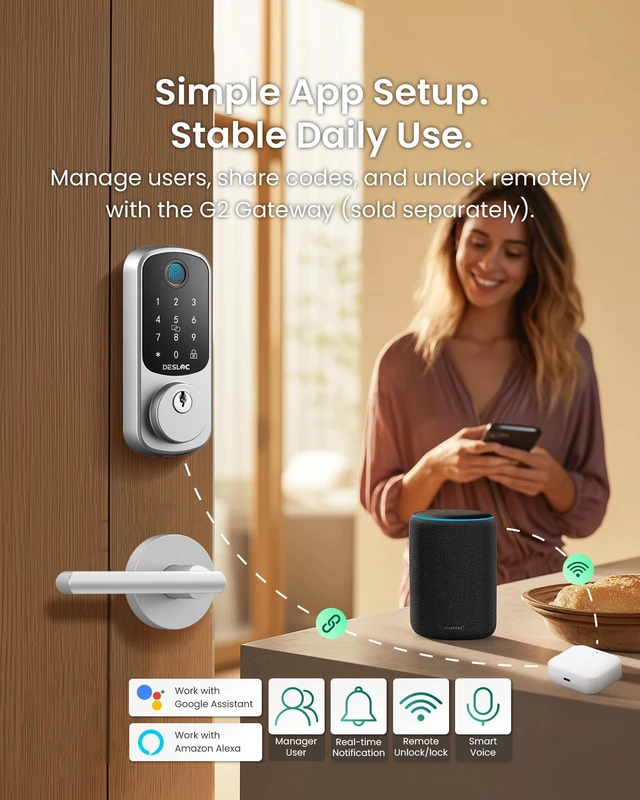 Alt view image 7 of 7 - B200 Fingerprint Smart Lock with 2 Elegant Round Lever Handles 8-in-1 Unlock, Elegant Round Lever Design, Electronic Keypad Deadbolt, App Control, Auto Lock, Long Battery Life, Silver