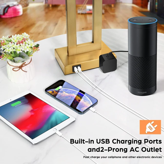 Alt view image 3 of 7 - 22" Gold Modern Table Lamp Set of 2 with 2 USB Ports&AC Outlet 3 Way Dimmable, Touch Control, White Fabric Shade, Bedside Desk Lamp for Living Room, Bedroom, 2 LED Bulbs Included