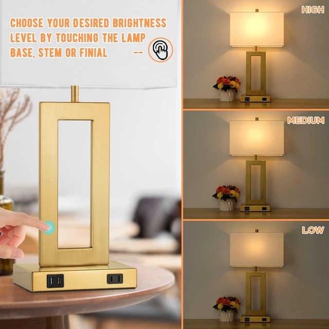 Alt view image 4 of 7 - 22" Gold Modern Table Lamp Set of 2 with 2 USB Ports&AC Outlet 3 Way Dimmable, Touch Control, White Fabric Shade, Bedside Desk Lamp for Living Room, Bedroom, 2 LED Bulbs Included
