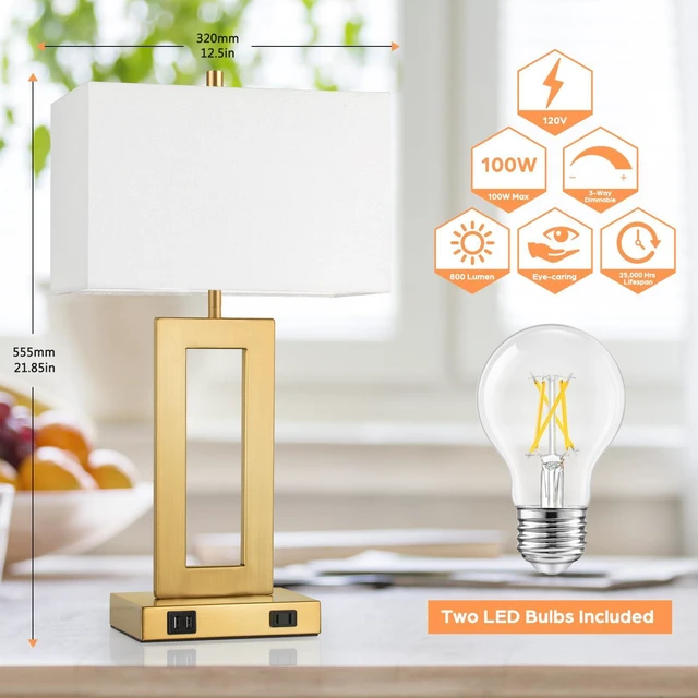 Alt view image 5 of 7 - 22" Gold Modern Table Lamp Set of 2 with 2 USB Ports&AC Outlet 3 Way Dimmable, Touch Control, White Fabric Shade, Bedside Desk Lamp for Living Room, Bedroom, 2 LED Bulbs Included