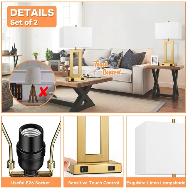 Alt view image 6 of 7 - 22" Gold Modern Table Lamp Set of 2 with 2 USB Ports&AC Outlet 3 Way Dimmable, Touch Control, White Fabric Shade, Bedside Desk Lamp for Living Room, Bedroom, 2 LED Bulbs Included