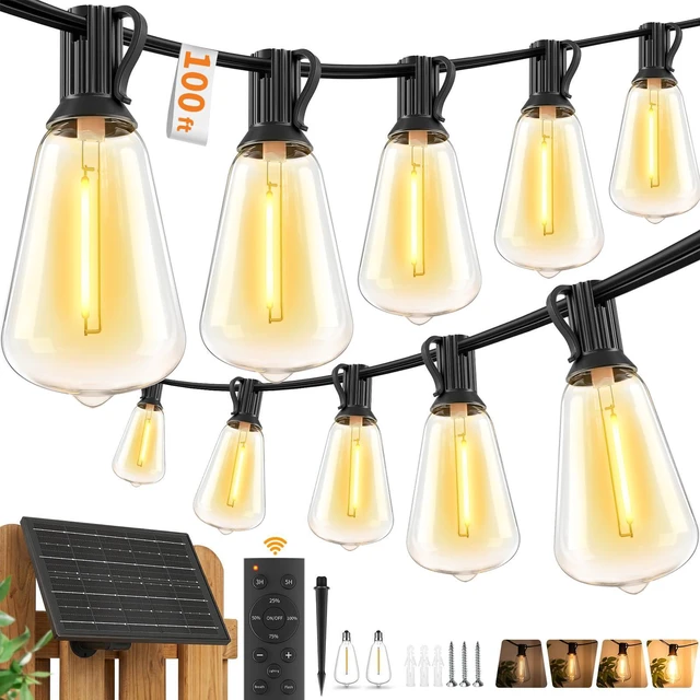 Main image of Solar Outdoor String Lights Waterproof, 100FT Remote Control LED Outside Lights with Shatterproof Bulbs, Dimmable Hanging Lights for Patio Porch Garden pergola Yard House Bistro Party Decors