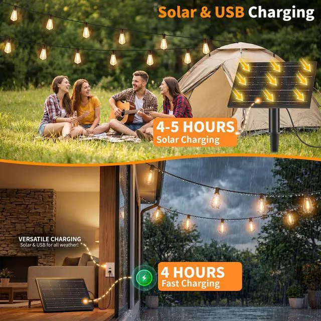 Alt view image 2 of 7 - Solar Outdoor String Lights Waterproof, 100FT Remote Control LED Outside Lights with Shatterproof Bulbs, Dimmable Hanging Lights for Patio Porch Garden pergola Yard House Bistro Party Decors