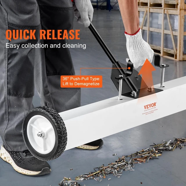 Alt view image 4 of 7 - 36-Inch Magnetic Sweeper with Wheels, 55 lbs Capacity, with Telescoping Magnetic Pickup Tool, Adjustable Handle, Magnetic Pickup Sweeper to Pick Up Nails and Screws, for Workshop, Garage, Yard