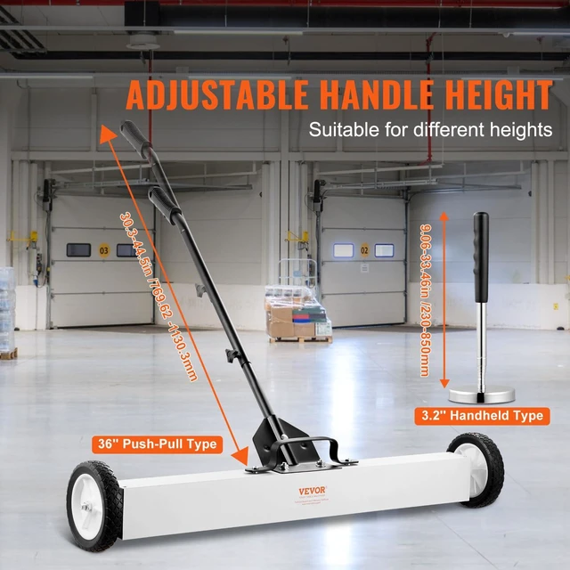 Alt view image 3 of 7 - 36-Inch Magnetic Sweeper with Wheels, 55 lbs Capacity, with Telescoping Magnetic Pickup Tool, Adjustable Handle, Magnetic Pickup Sweeper to Pick Up Nails and Screws, for Workshop, Garage, Yard