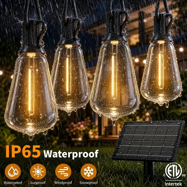Alt view image 4 of 7 - Solar Outdoor String Lights Waterproof, 100FT Remote Control LED Outside Lights with Shatterproof Bulbs, Dimmable Hanging Lights for Patio Porch Garden pergola Yard House Bistro Party Decors