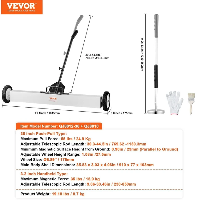 Alt view image 7 of 7 - 36-Inch Magnetic Sweeper with Wheels, 55 lbs Capacity, with Telescoping Magnetic Pickup Tool, Adjustable Handle, Magnetic Pickup Sweeper to Pick Up Nails and Screws, for Workshop, Garage, Yard