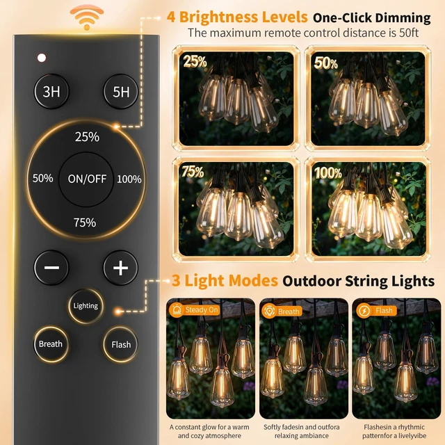 Alt view image 5 of 7 - Solar Outdoor String Lights Waterproof, 100FT Remote Control LED Outside Lights with Shatterproof Bulbs, Dimmable Hanging Lights for Patio Porch Garden pergola Yard House Bistro Party Decors