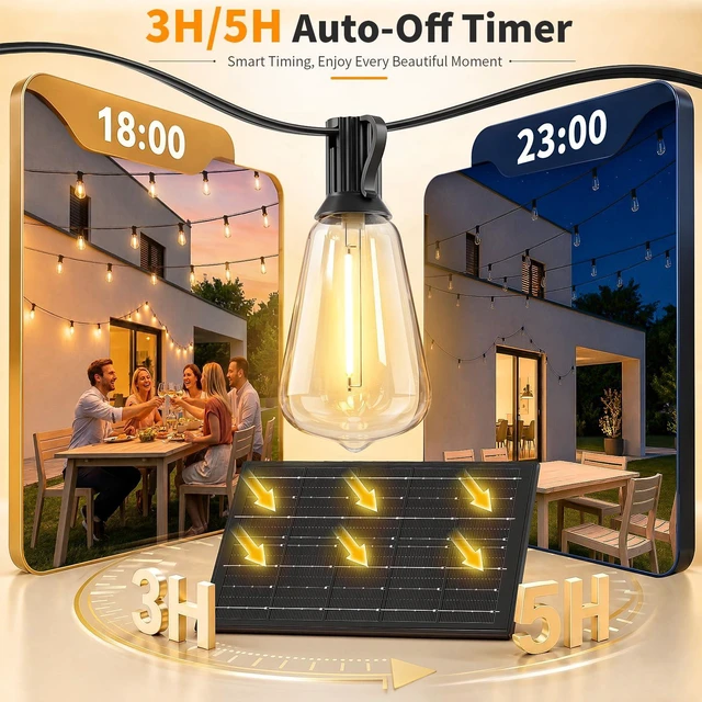Alt view image 6 of 7 - Solar Outdoor String Lights Waterproof, 100FT Remote Control LED Outside Lights with Shatterproof Bulbs, Dimmable Hanging Lights for Patio Porch Garden pergola Yard House Bistro Party Decors