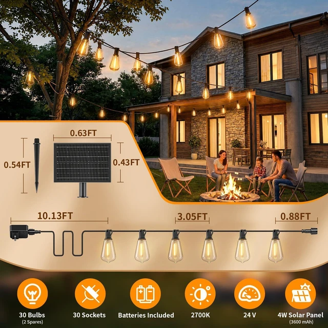 Alt view image 7 of 7 - Solar Outdoor String Lights Waterproof, 100FT Remote Control LED Outside Lights with Shatterproof Bulbs, Dimmable Hanging Lights for Patio Porch Garden pergola Yard House Bistro Party Decors