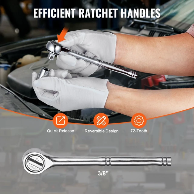 Alt view image 4 of 7 - Mechanics Tool Set 221Pieces - 1/4" and 3/8" Drive Sockets - SAE and Metric Mechanic Tool Kit with Bits - Wrenches, Ratchet Handle, Accessories, and Plastic Storage Case - for Automotive Repair