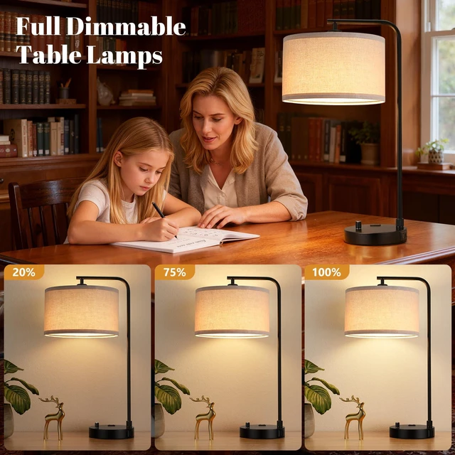 Alt view image 2 of 7 - Bedside Lamps Set of 2, Fully Dimmable Lamps for Night Stands, USB A+C Modern, Linen Lampshade, USB Port and Outlet, Tall Desk Lamps for Bedroom, Nightstand, Living Room, Home Office, End Table