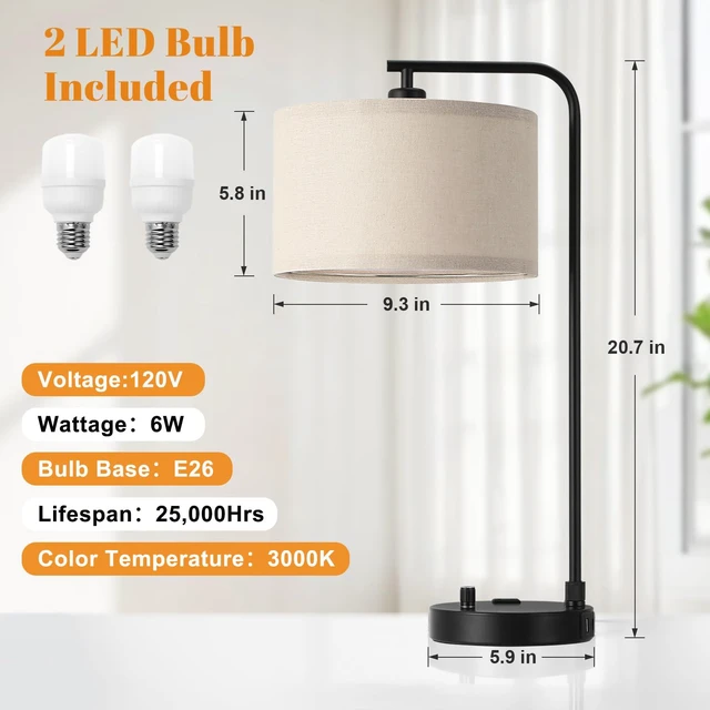 Alt view image 3 of 7 - Bedside Lamps Set of 2, Fully Dimmable Lamps for Night Stands, USB A+C Modern, Linen Lampshade, USB Port and Outlet, Tall Desk Lamps for Bedroom, Nightstand, Living Room, Home Office, End Table