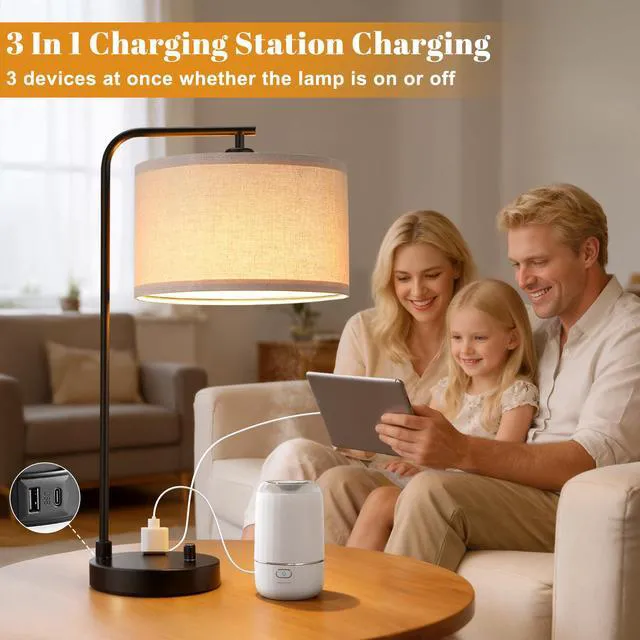 Alt view image 4 of 7 - Bedside Lamps Set of 2, Fully Dimmable Lamps for Night Stands, USB A+C Modern, Linen Lampshade, USB Port and Outlet, Tall Desk Lamps for Bedroom, Nightstand, Living Room, Home Office, End Table