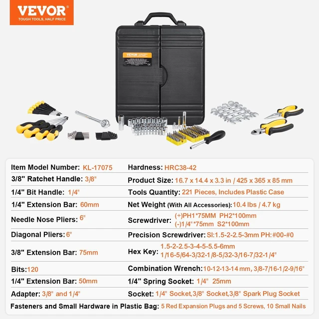 Alt view image 7 of 7 - Mechanics Tool Set 221Pieces - 1/4" and 3/8" Drive Sockets - SAE and Metric Mechanic Tool Kit with Bits - Wrenches, Ratchet Handle, Accessories, and Plastic Storage Case - for Automotive Repair