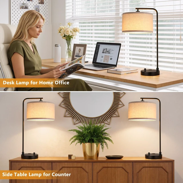 Alt view image 7 of 7 - Bedside Lamps Set of 2, Fully Dimmable Lamps for Night Stands, USB A+C Modern, Linen Lampshade, USB Port and Outlet, Tall Desk Lamps for Bedroom, Nightstand, Living Room, Home Office, End Table