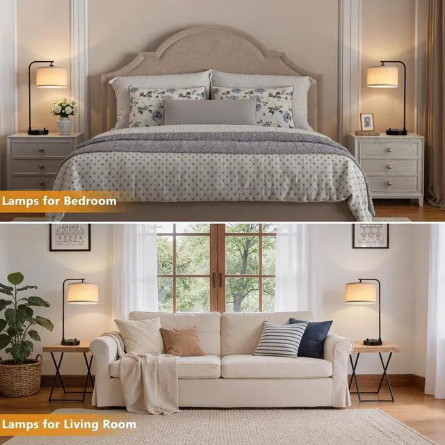 Alt view image 6 of 7 - Bedside Lamps Set of 2, Fully Dimmable Lamps for Night Stands, USB A+C Modern, Linen Lampshade, USB Port and Outlet, Tall Desk Lamps for Bedroom, Nightstand, Living Room, Home Office, End Table
