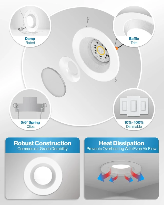 Alt view image 7 of 7 - 12 Pack 6 Inch Retrofit LED Recessed Lights, 13W=120W 6000K Daylight 965LM, Daylight Deluxe, Baffle Trim, Dimmable, LED Reftrofit Ceiling Downlights Recessed Cans, Kitchen, Living Room, Bedroom