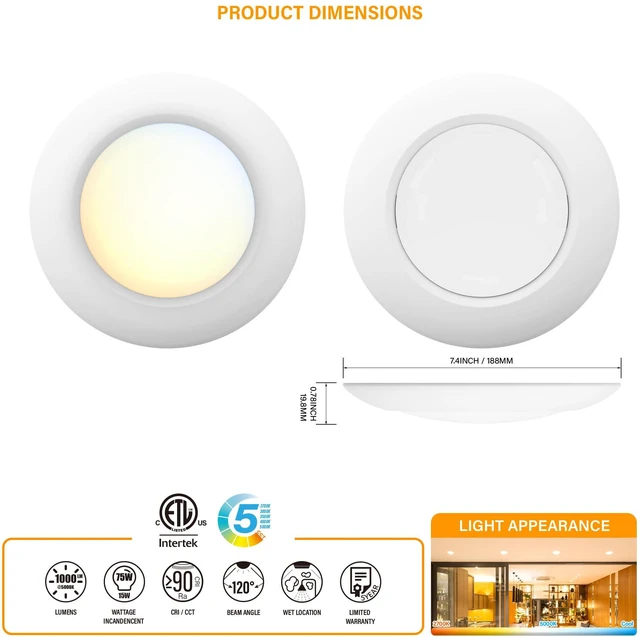 Alt view image 2 of 7 - 6 Inch LED Low Profile Disk Light with Dusk to Dawn Sensor, 120VAC, 15W, 5CCT Color Changing, 1000LM, Non-Dimmable, ETL, Shower Rated Screw in Photocell Ceiling Light, White/8 Packs