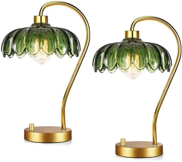 Main image of Flower Table Lamp Set of 2,Small Gold Bedside Lamps Dimmable Boho Bedroom Lamp with Glass Green Lamp Shade,Vintage Mid Century Modern Mini Nightstand Lamp for Bedroom Living Room