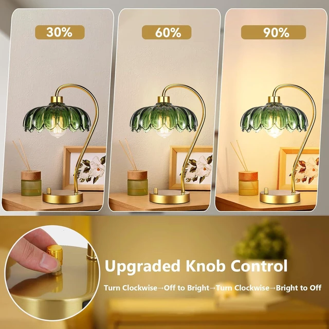 Alt view image 2 of 7 - Flower Table Lamp Set of 2,Small Gold Bedside Lamps Dimmable Boho Bedroom Lamp with Glass Green Lamp Shade,Vintage Mid Century Modern Mini Nightstand Lamp for Bedroom Living Room