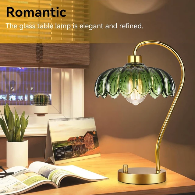 Alt view image 3 of 7 - Flower Table Lamp Set of 2,Small Gold Bedside Lamps Dimmable Boho Bedroom Lamp with Glass Green Lamp Shade,Vintage Mid Century Modern Mini Nightstand Lamp for Bedroom Living Room