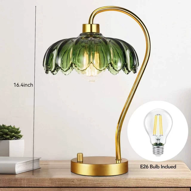 Alt view image 5 of 7 - Flower Table Lamp Set of 2,Small Gold Bedside Lamps Dimmable Boho Bedroom Lamp with Glass Green Lamp Shade,Vintage Mid Century Modern Mini Nightstand Lamp for Bedroom Living Room
