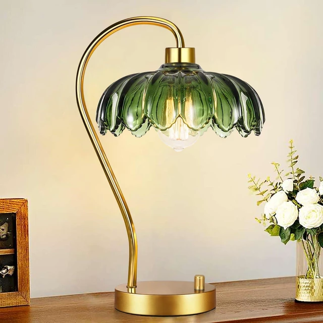 Alt view image 4 of 7 - Flower Table Lamp Set of 2,Small Gold Bedside Lamps Dimmable Boho Bedroom Lamp with Glass Green Lamp Shade,Vintage Mid Century Modern Mini Nightstand Lamp for Bedroom Living Room