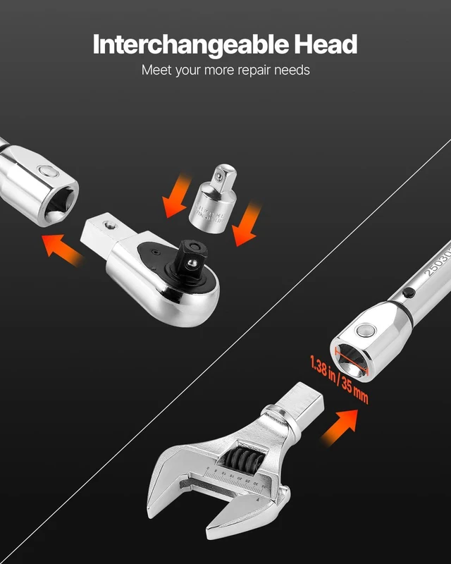 Alt view image 2 of 7 - Adjustable Torque Wrench 1/2 Inch Drive, 20-160Ft.lb/27.1-216.8Nm, 38MM Open End, 3/8 Inch Drive Torque Wrench with Interchangeable Jaw & Ratchet Head for HVAC, Car, Moto, Narrow Pipeline