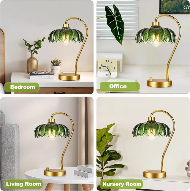Alt view image 6 of 7 - Flower Table Lamp Set of 2,Small Gold Bedside Lamps Dimmable Boho Bedroom Lamp with Glass Green Lamp Shade,Vintage Mid Century Modern Mini Nightstand Lamp for Bedroom Living Room