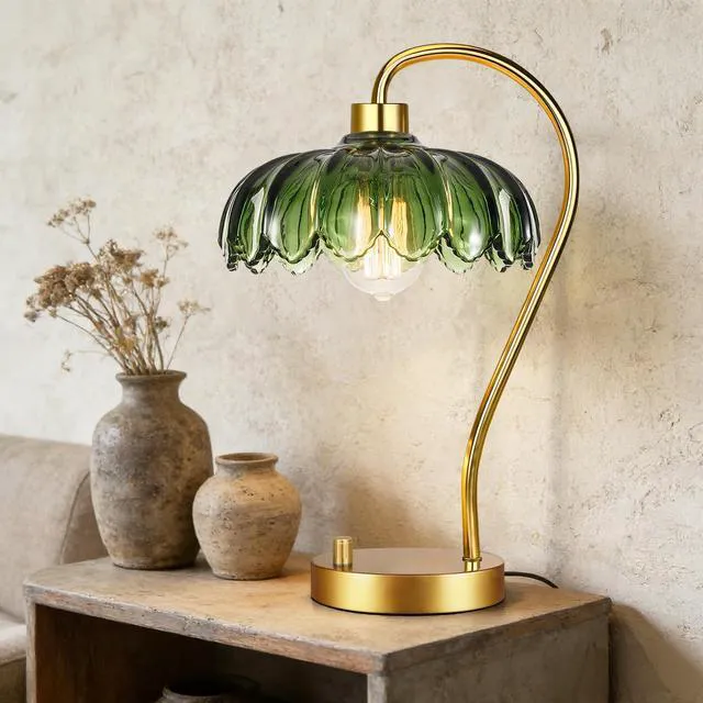 Alt view image 7 of 7 - Flower Table Lamp Set of 2,Small Gold Bedside Lamps Dimmable Boho Bedroom Lamp with Glass Green Lamp Shade,Vintage Mid Century Modern Mini Nightstand Lamp for Bedroom Living Room