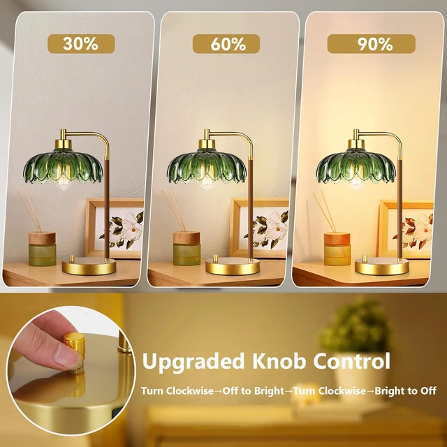 Alt view image 2 of 7 - Vintage Table Lamp Set of 2 for Bedroom Living Room,Small Bedside Lamps Dimmable Boho Bedroom Lamp with Glass Green Flower LampShade,Mid Century Modern Mini Nightstand Lamp Gold Side Table Lamp