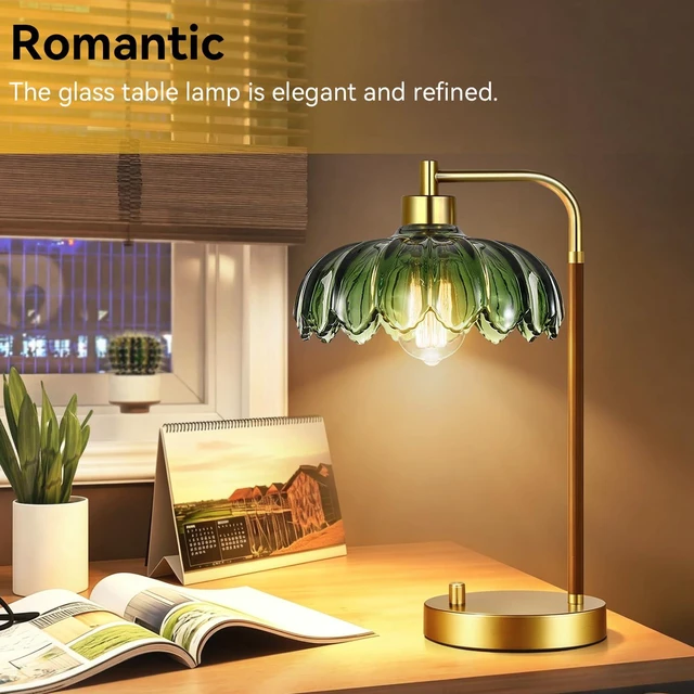 Alt view image 3 of 7 - Vintage Table Lamp Set of 2 for Bedroom Living Room,Small Bedside Lamps Dimmable Boho Bedroom Lamp with Glass Green Flower LampShade,Mid Century Modern Mini Nightstand Lamp Gold Side Table Lamp