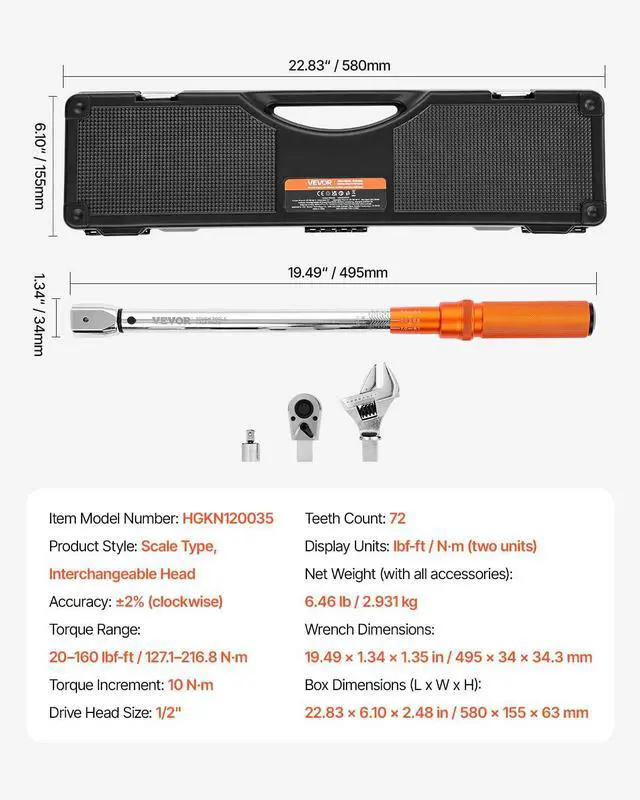 Alt view image 7 of 7 - Adjustable Torque Wrench 1/2 Inch Drive, 20-160Ft.lb/27.1-216.8Nm, 38MM Open End, 3/8 Inch Drive Torque Wrench with Interchangeable Jaw & Ratchet Head for HVAC, Car, Moto, Narrow Pipeline