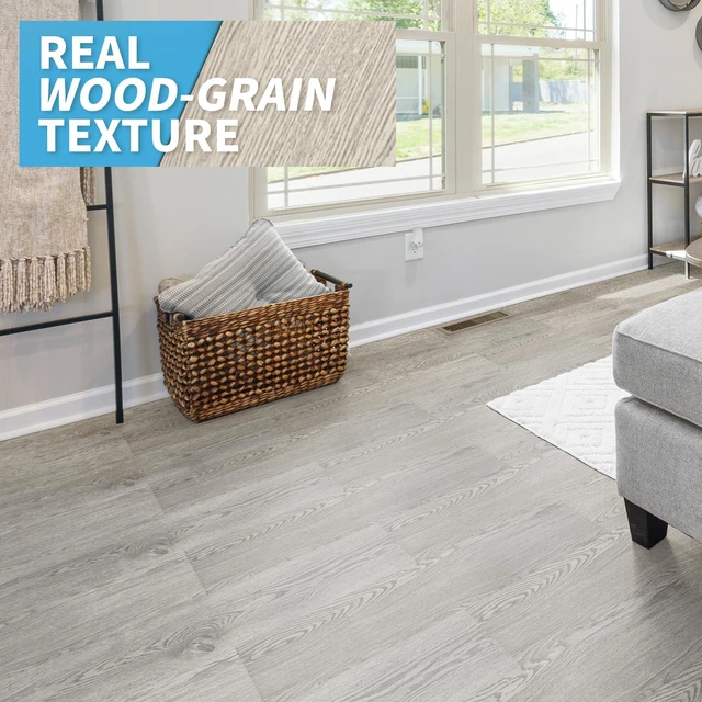 Alt view image 2 of 7 - 36-Pack Wood Texture Peel and Stick Vinyl Flooring Tiles, Grey Ash 18 & 54 sq.ft Options, Rigid Surface Hard Core, Waterproof, Self-Adhesive, Impact Resistant, Fit Indoor Household Spaces