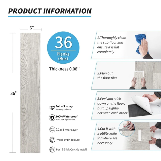Alt view image 5 of 7 - 36-Pack Wood Texture Peel and Stick Vinyl Flooring Tiles, Grey Ash 18 & 54 sq.ft Options, Rigid Surface Hard Core, Waterproof, Self-Adhesive, Impact Resistant, Fit Indoor Household Spaces