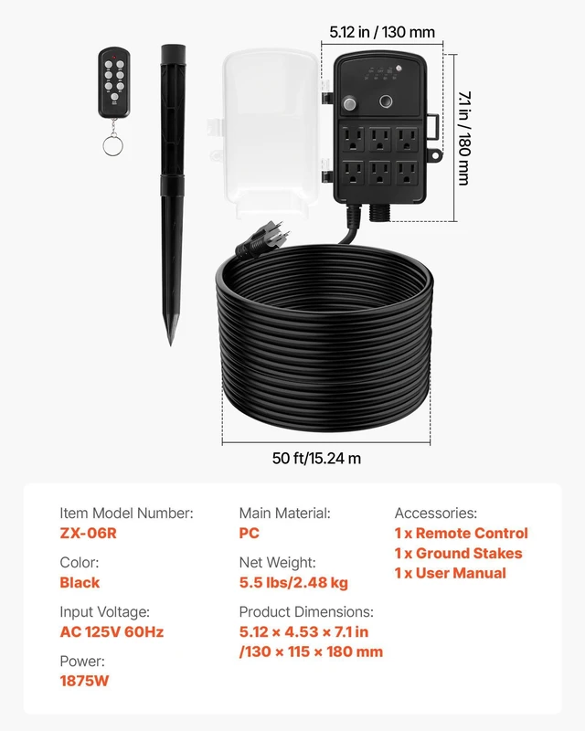 Alt view image 7 of 7 - Outdoor Power Stake Timer, 50FT Extension Cord, Remote Control Outdoor Power Strip with Cover, Dusk to Dawn Light Timer Waterproof, 6 Outlets for Halloween Christmas Lights, Garden Decorations