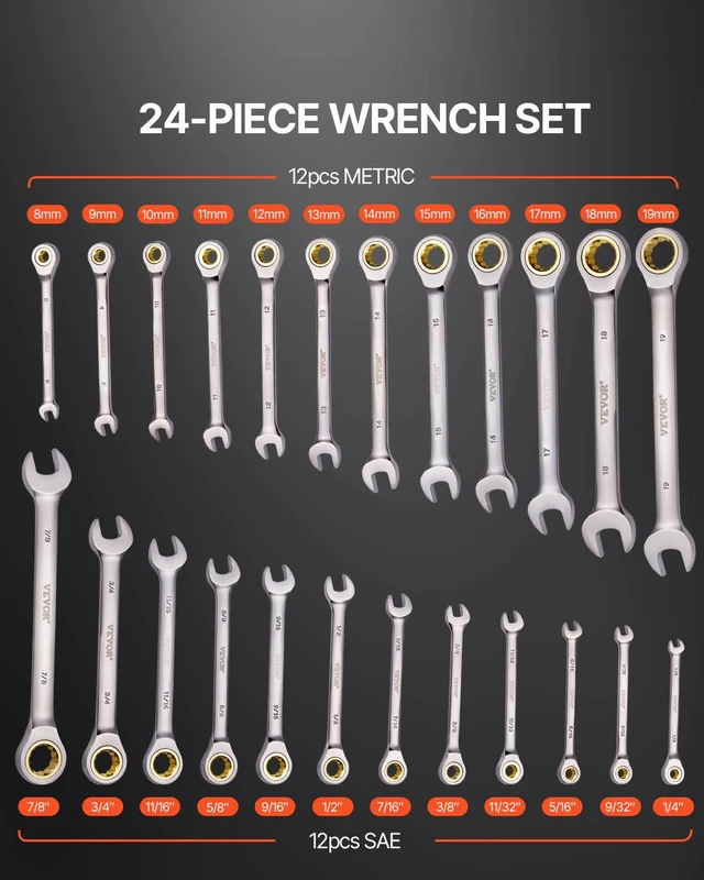 Alt view image 2 of 7 - 24-Piece Ratcheting Wrench Set, Ratchet Combination Wrench Set with Organizer, Nickel Plating, 72-Tooth, CR-V, Metric 8-19mm & SAE 1/4-7/8"
